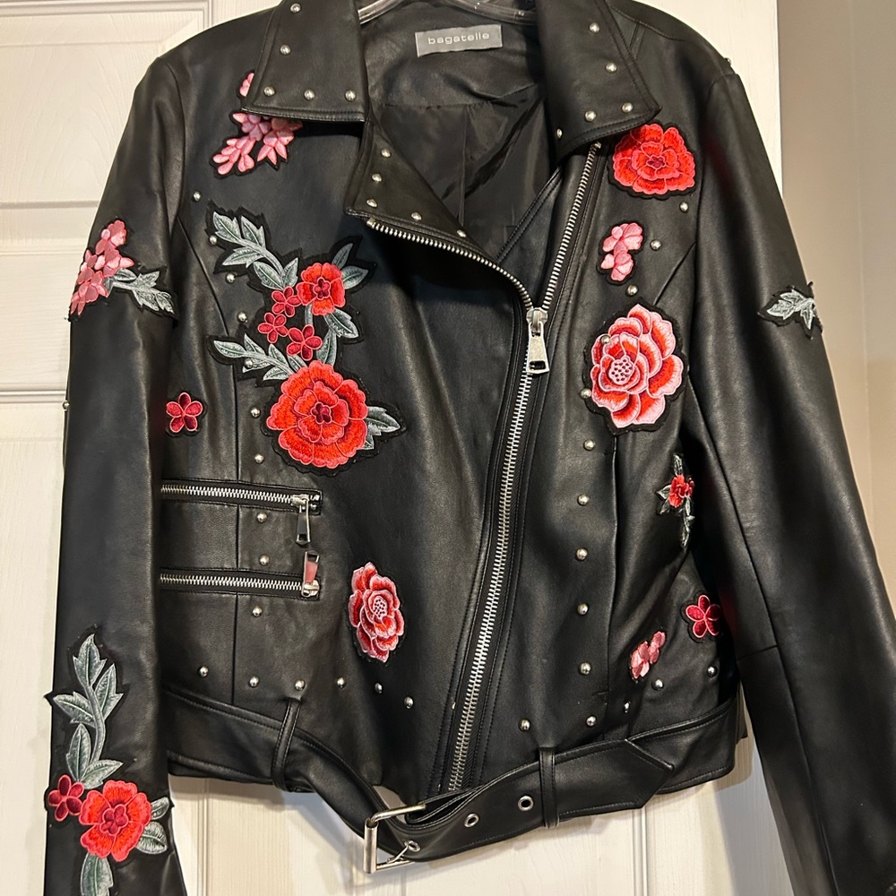 Black faux leather bomber jacket